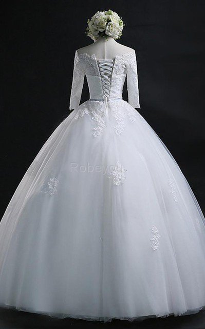Robe de mariée facile avec ruban avec lacets avec manche 3/4 textile en tulle