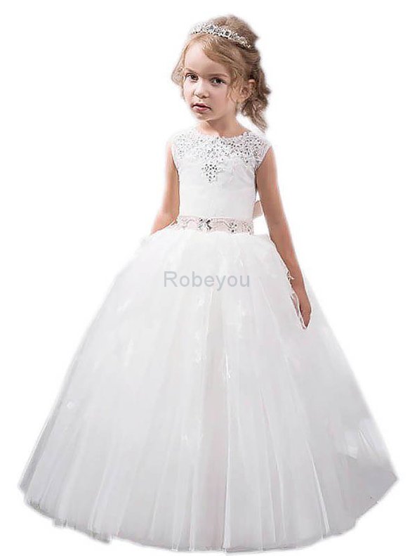 Robe cortège fille naturel avec cristal au niveau de cou de mode de bal en tulle