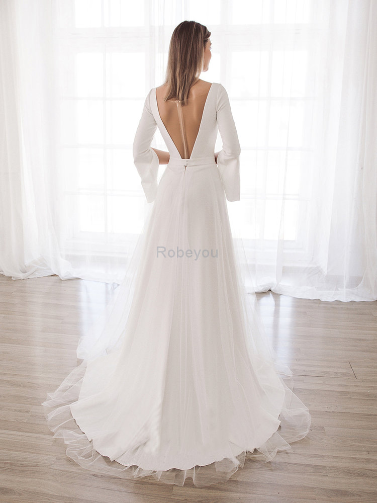 Robe de mariée élégant a-ligne modeste facile longue