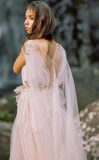 Robe demoiselle d'honneur romantique plissage v encolure ligne a de traîne watteau