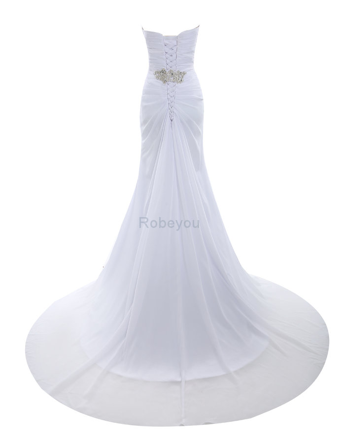 Robe de mariée intemporel avec perle en chiffon lache avec décoration dentelle