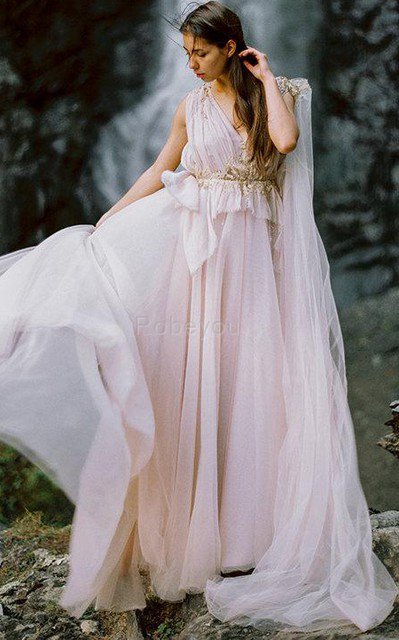 Robe demoiselle d'honneur romantique plissage v encolure ligne a de traîne watteau