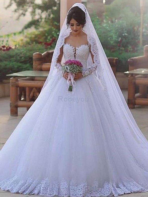 Robe de mariée col en forme de cœur avec manche longue charme de mode de bal naturel