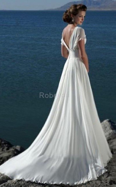 Robe de mariée longue en chiffon ceinture fermeutre eclair a plage