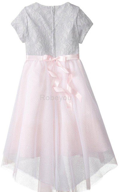 Robe cortège fille col u profond avec nœud avec manche courte a-ligne