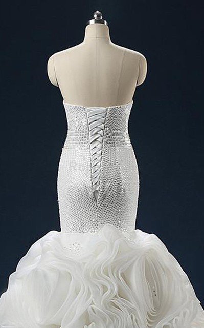 Robe de mariée en organza manche nulle en tissu pailleté de lotus de sirène