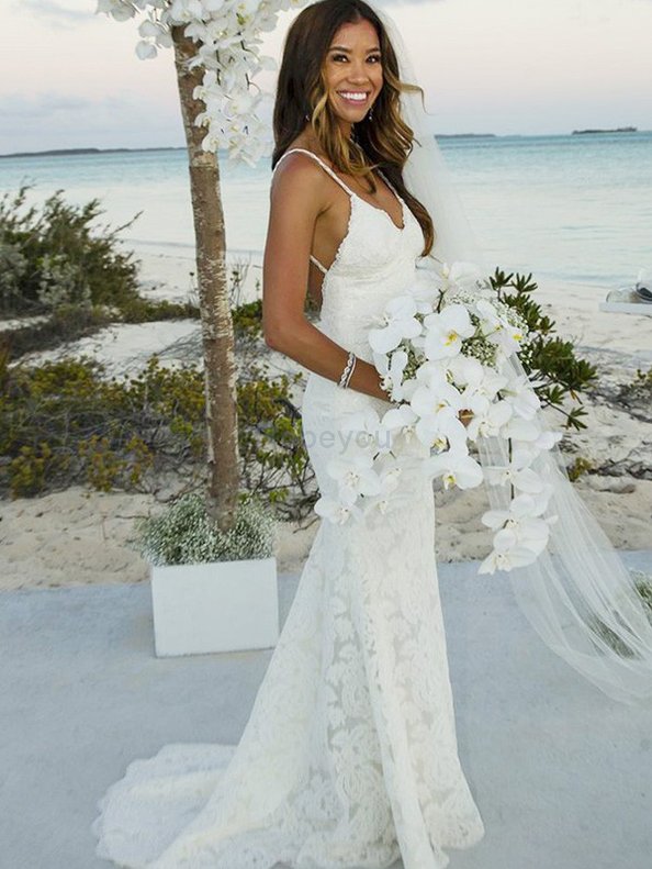 Robe de mariée avec décoration dentelle avec sans manches de sirène distinctif naturel
