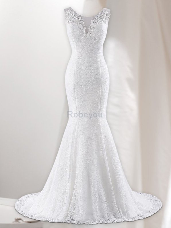 Robe de mariée avec décoration dentelle parfait de col en v manche nulle naturel