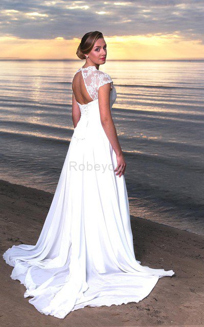 Robe de mariée facile en plage decoration en fleur a-ligne de traîne courte