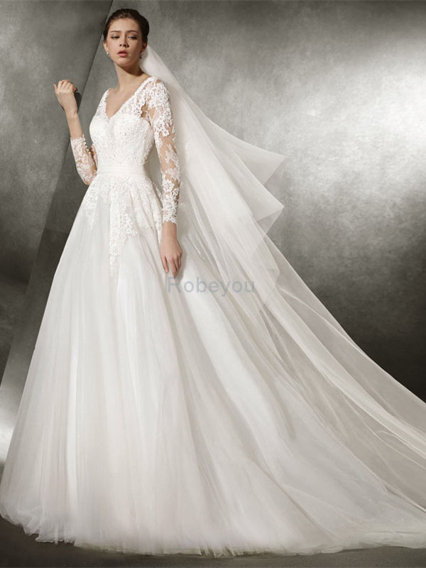 Robe de mariée a-ligne cordon avec manche longue de princesse mignonne