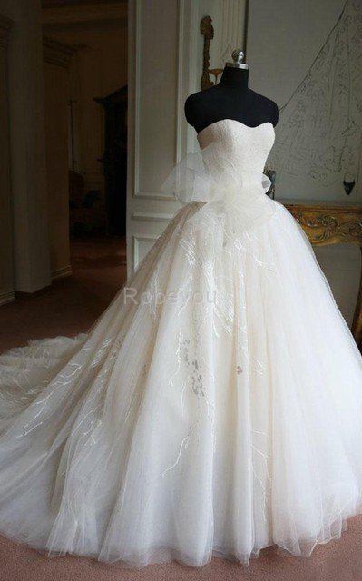 Robe de mariée avec nœud avec décoration dentelle de mode de bal textile en tulle avec zip