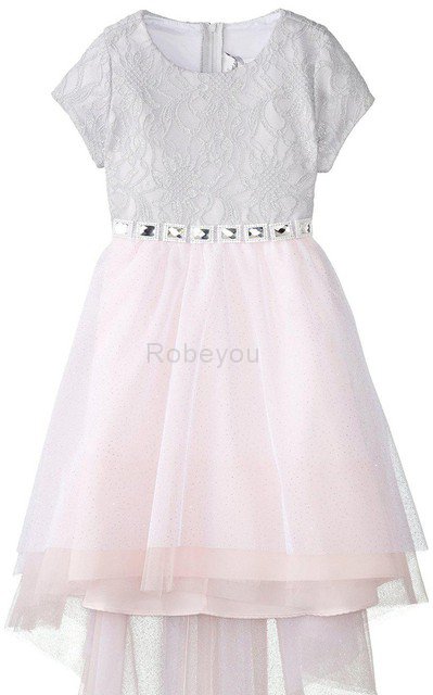 Robe cortège fille col u profond avec nœud avec manche courte a-ligne