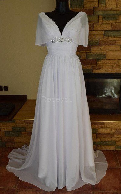 Robe de mariée à la mode cordon avec perle a-ligne de col en v