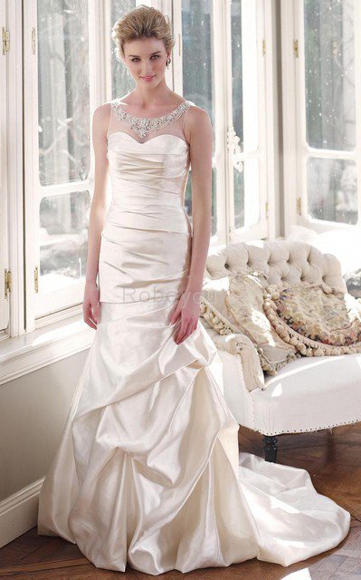 Robe de mariée delicat avec sans manches ornée encolure ronde en satin