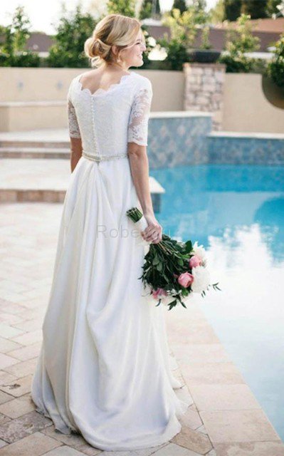 Robe de mariée romantique festonné plissé de traîne moyenne en 1/2 manche