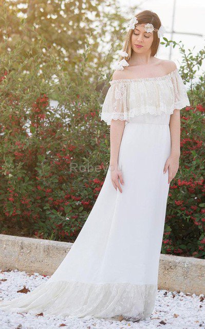 Robe de mariée romantique avec manche courte en dentelle de traîne courte d'epaule ajourée