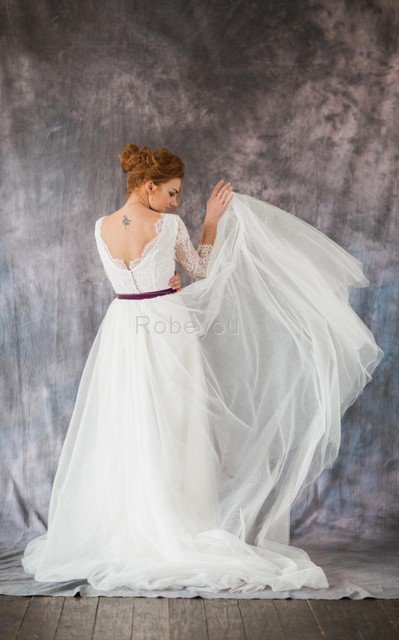 Robe de mariée naturel de traîne moyenne en organza avec ruban avec sans manches