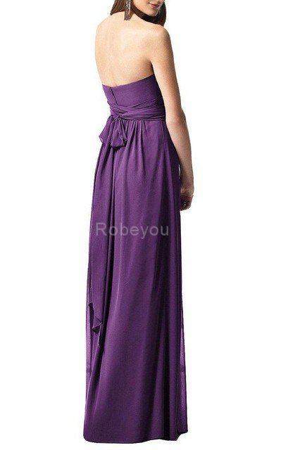 Robe demoiselle d'honneur longue en chiffon ligne a jusqu'au sol avec ruban