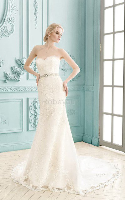 Robe de mariée facile avec cristal jusqu'au sol gaine en dentelle