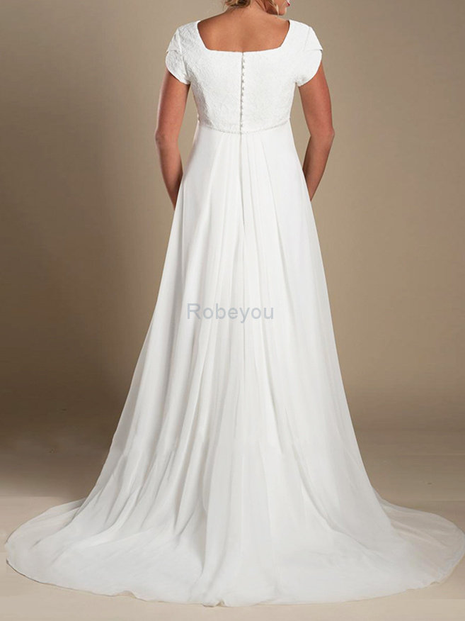 Robe de mariée de traîne courte brillant avec manche courte simple longue