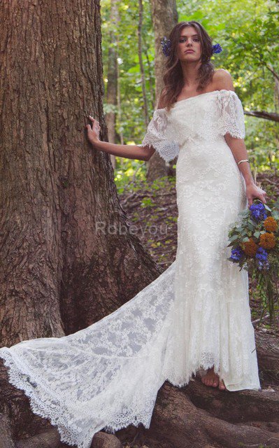 Robe de mariée impressioé romantique festonné en 1/2 manche de traîne moyenne