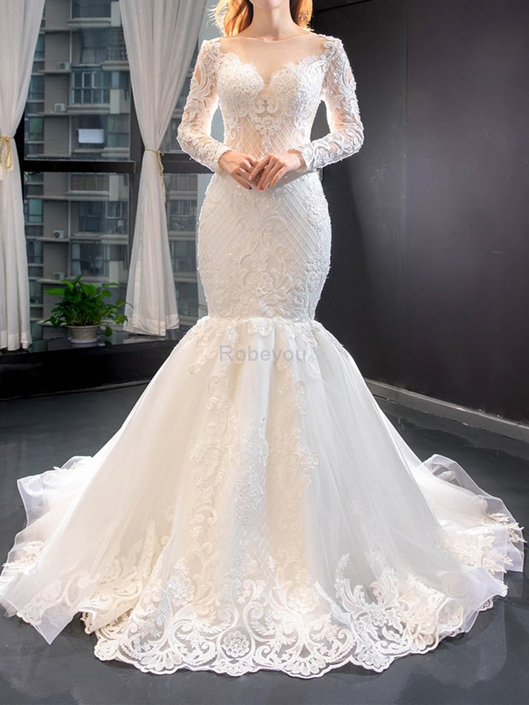 Robe de mariée onirique avec manche longue formelle naturel delicat