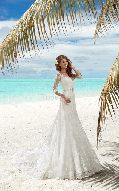 Robe de mariée elégant de traîne mi-longue decoration en fleur lache avec perle
