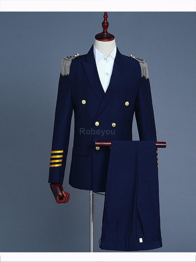Costumes slim fit hommes double boutonnage costumes hommes bleu marine blazer