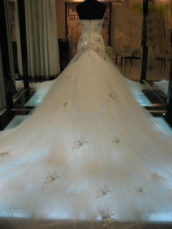 Robe de mariée naturel de sirène avec perle col en forme de cœur textile en tulle