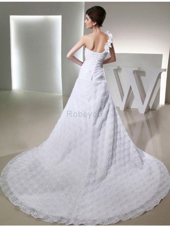 Robe de mariée longue ligne a textile taffetas d'épaule asymétrique de princesse
