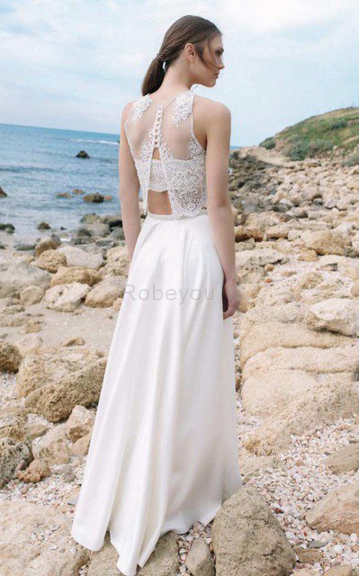 Robe de mariée décontracté 2 pice en plage manche nulle avec décoration dentelle